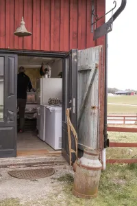 Öppna dörrar leder in till en gårdsbutik i röd träbyggnad, med rostig mjölkkanna utanför.