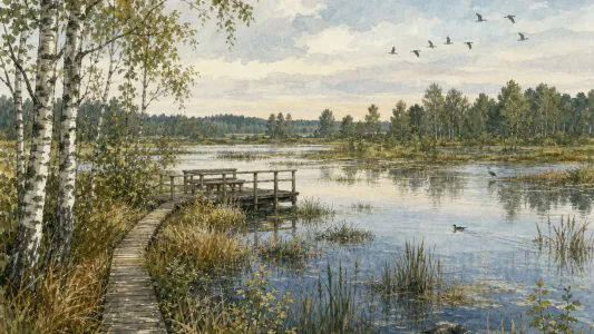Illustration av en våtmark med spång, vass och fågelliv. (illustrationsbild)