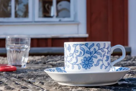 En vit kaffekopp med blått blommönster står på ett rustikt stenbord i starkt solljus. (illustrationsbild)