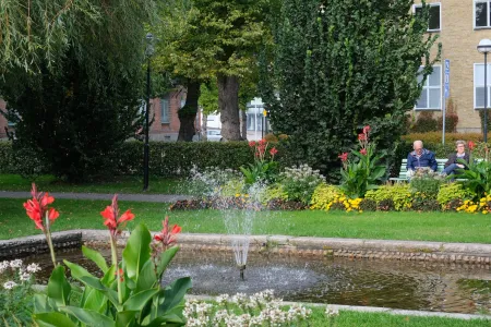 En liten fontän omgiven av kannablommor och gula rabatter i en grön stadspark med sittande besökare.
